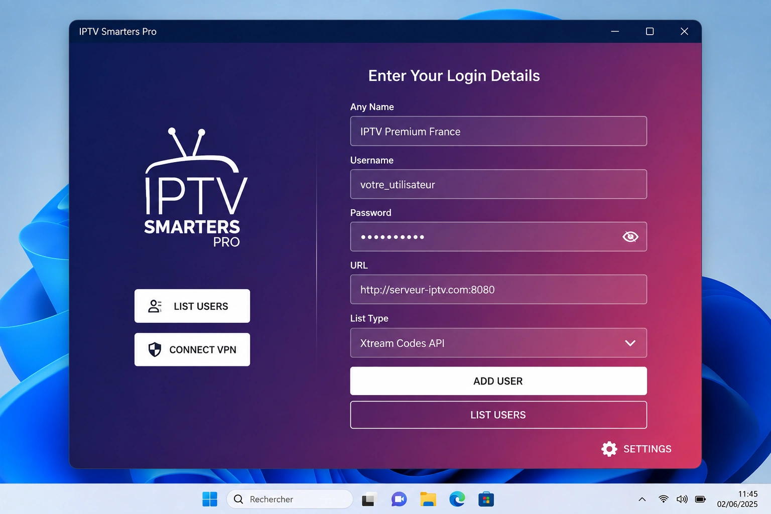 Installer IPTV Smarters Pro sur Windows 11 : configuration du compte via Xtream Codes ou lien M3U